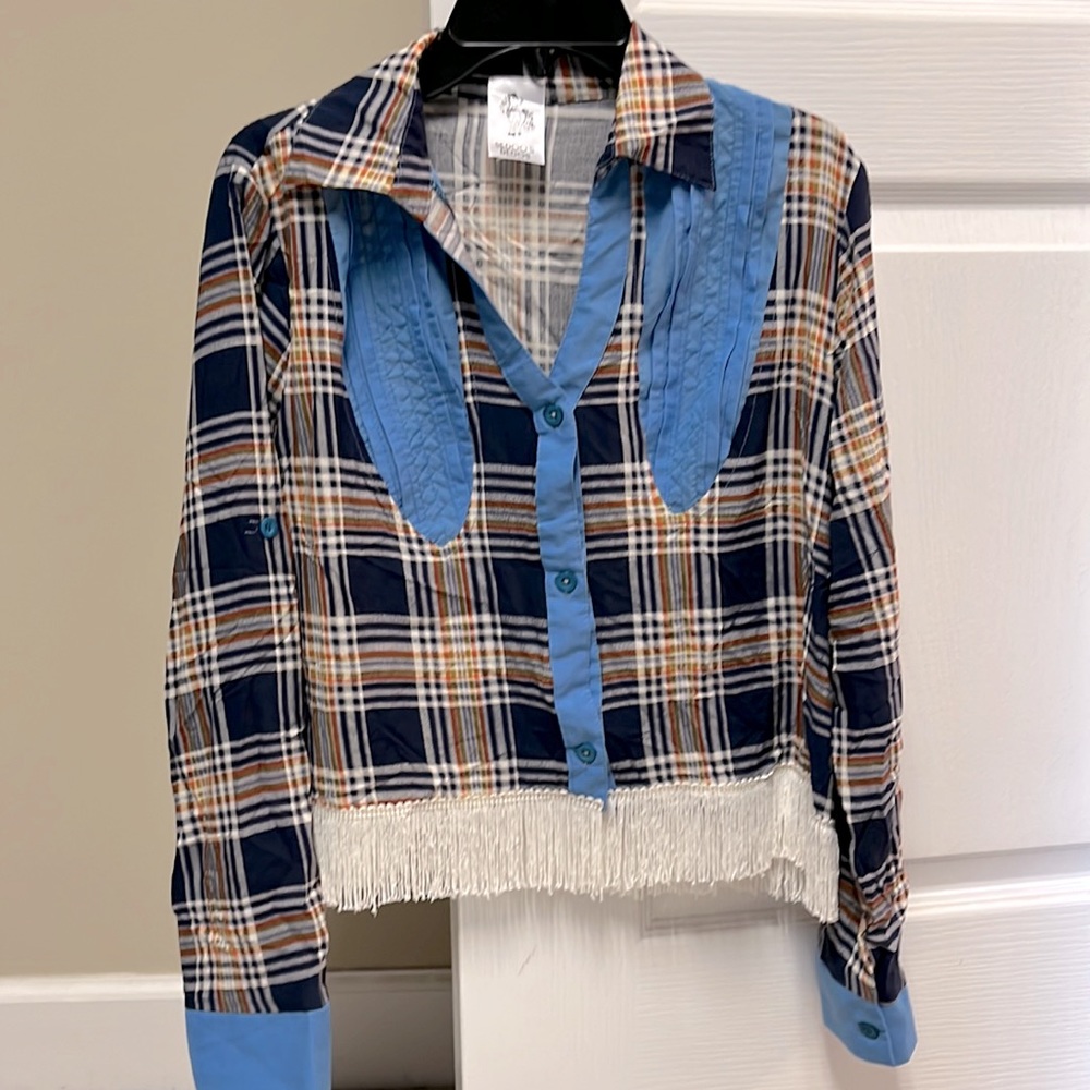 Vintage fringed plaid Western shirt.
